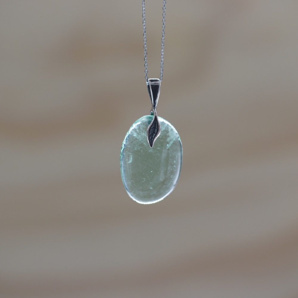 Recycled Wine Glass Bottle Necklace Green Nature Sterling Silver Leaf Recycled